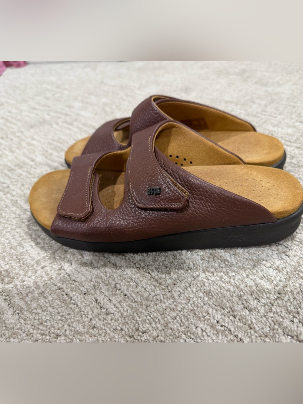SAS Brown Leather Double-Strap Slide Sandals - Picture 2 of 4